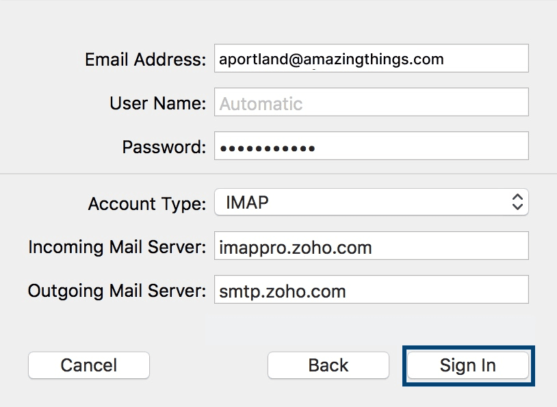 Imap configuration settings for Zoho