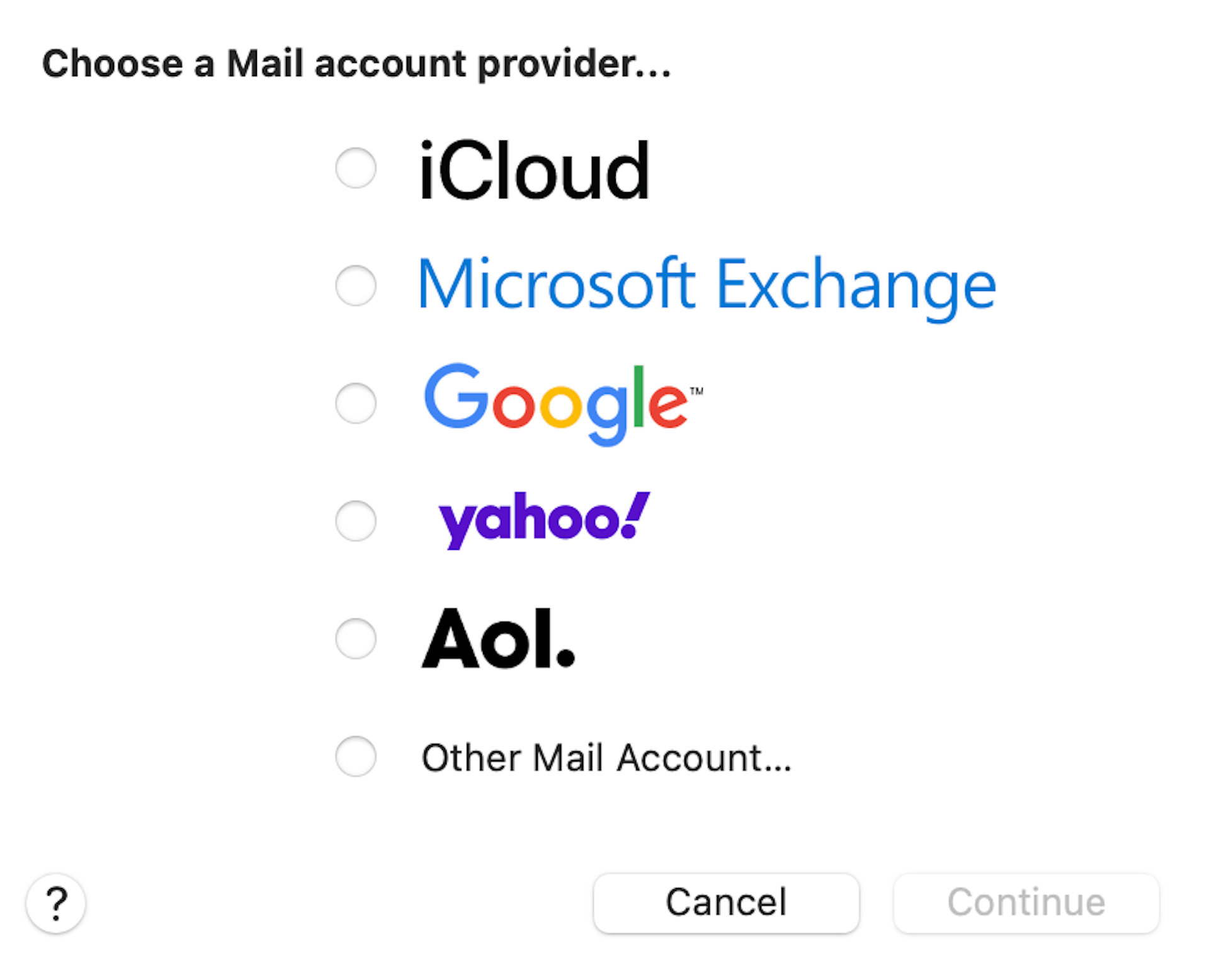 Apple Mail Select Email Account Provider Type
