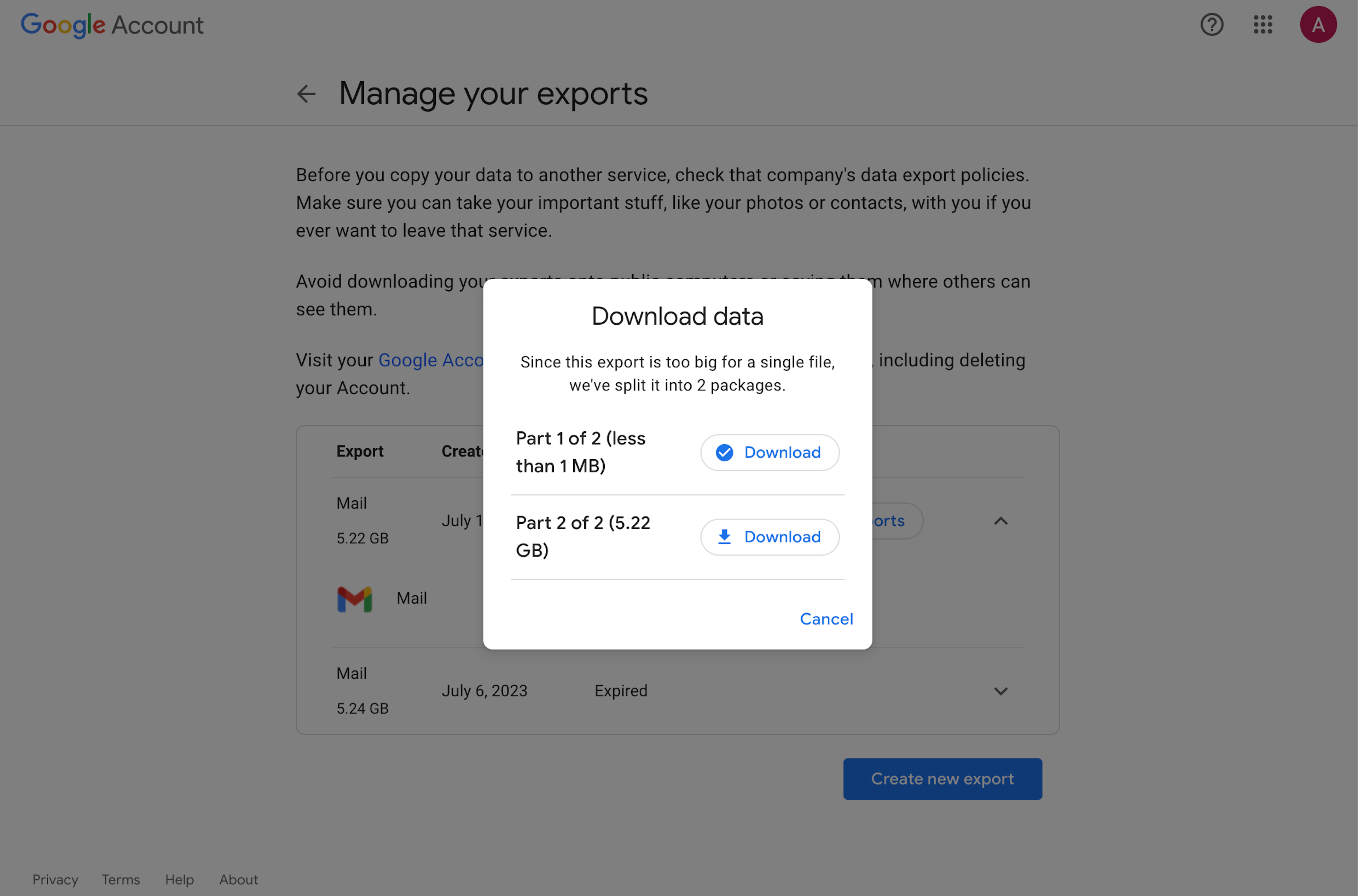 Download Gmail export