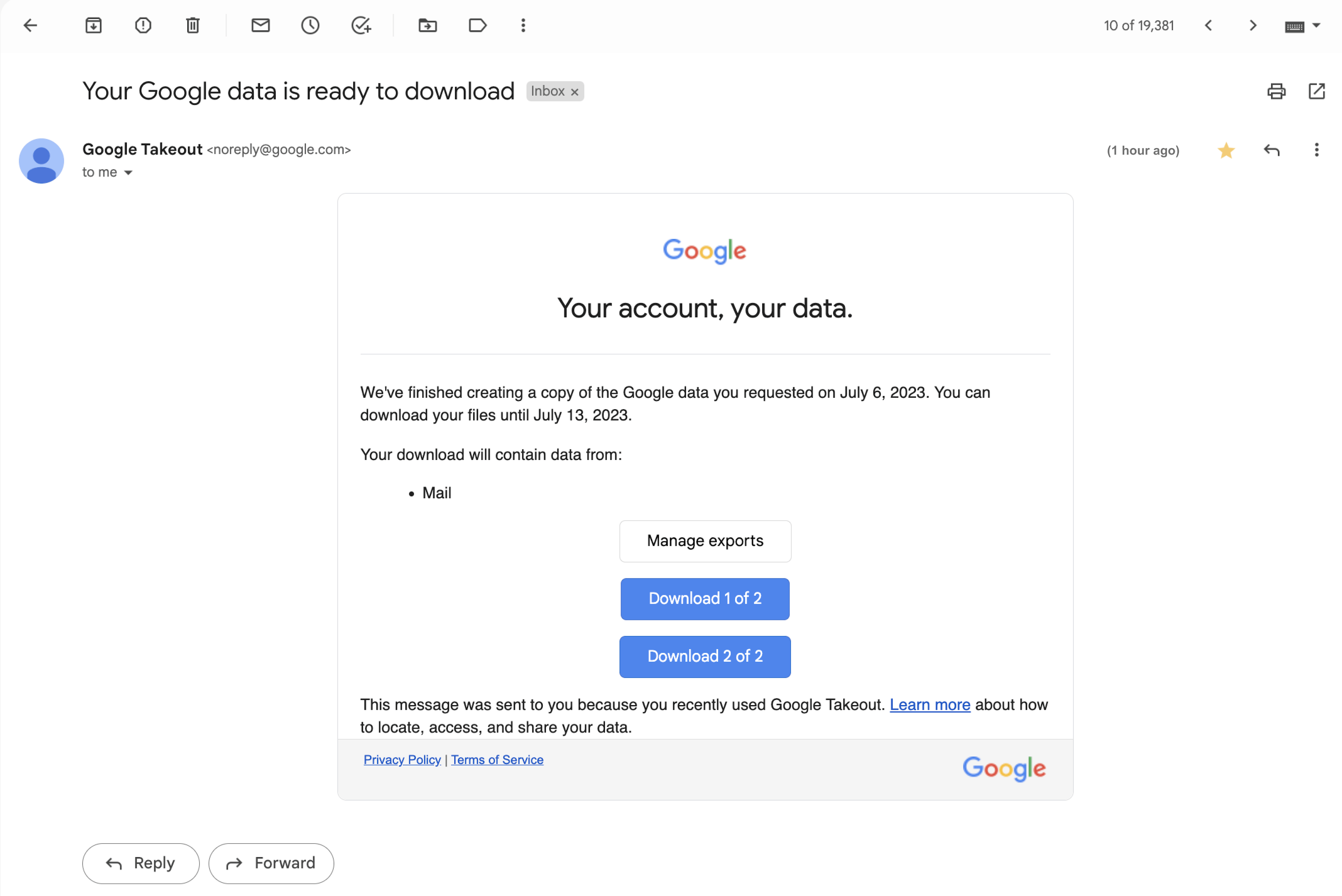 Gmail export ready to Download